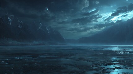 Fototapeta premium Frozen lake under a cloudy moonlight sky