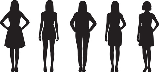 Five Female Silhouettes in Different Dresses and Poses