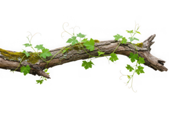 Green vine growing on mossy log isolated on transparent background