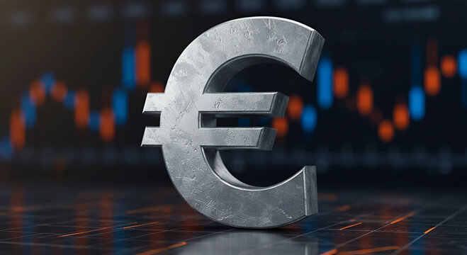Metallic euro symbol on a dark background with blue and orange financial line graphs. Global money investment and stock market concept. - Powered by Adobe