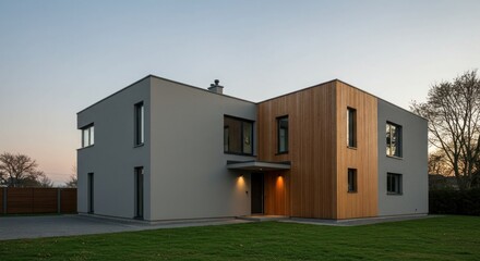 Fototapeta premium Modern house blends wood gray facade