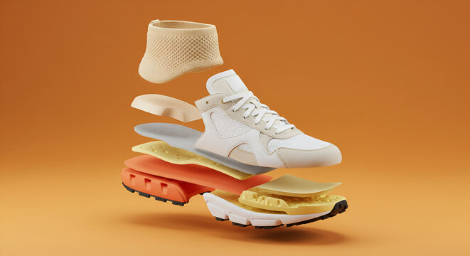 Exploded view of a sneaker shoe showing its internal components. Product innovation and footwear design concept.