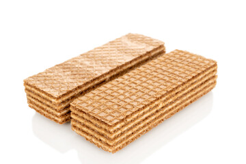 Several chocolate wafers, macro, isolated on white background.