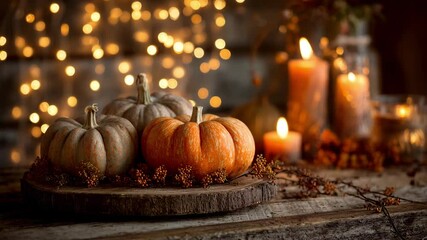 Happy Thanksgiving Day background, wooden table decorated with Pumpkins, Corncob, Candles and autumn leaves garland. Beautiful Holiday Autumn festival concept scene Fall, Harvest. - Powered by Adobe