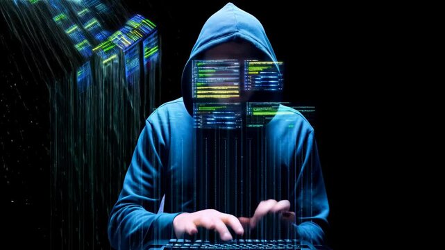 Cybersecurity hack: hooded hacker rapidly typing on keyboard amidst racing digital data streams