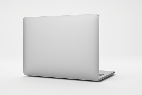 Closed silver laptop viewed from back on white background
