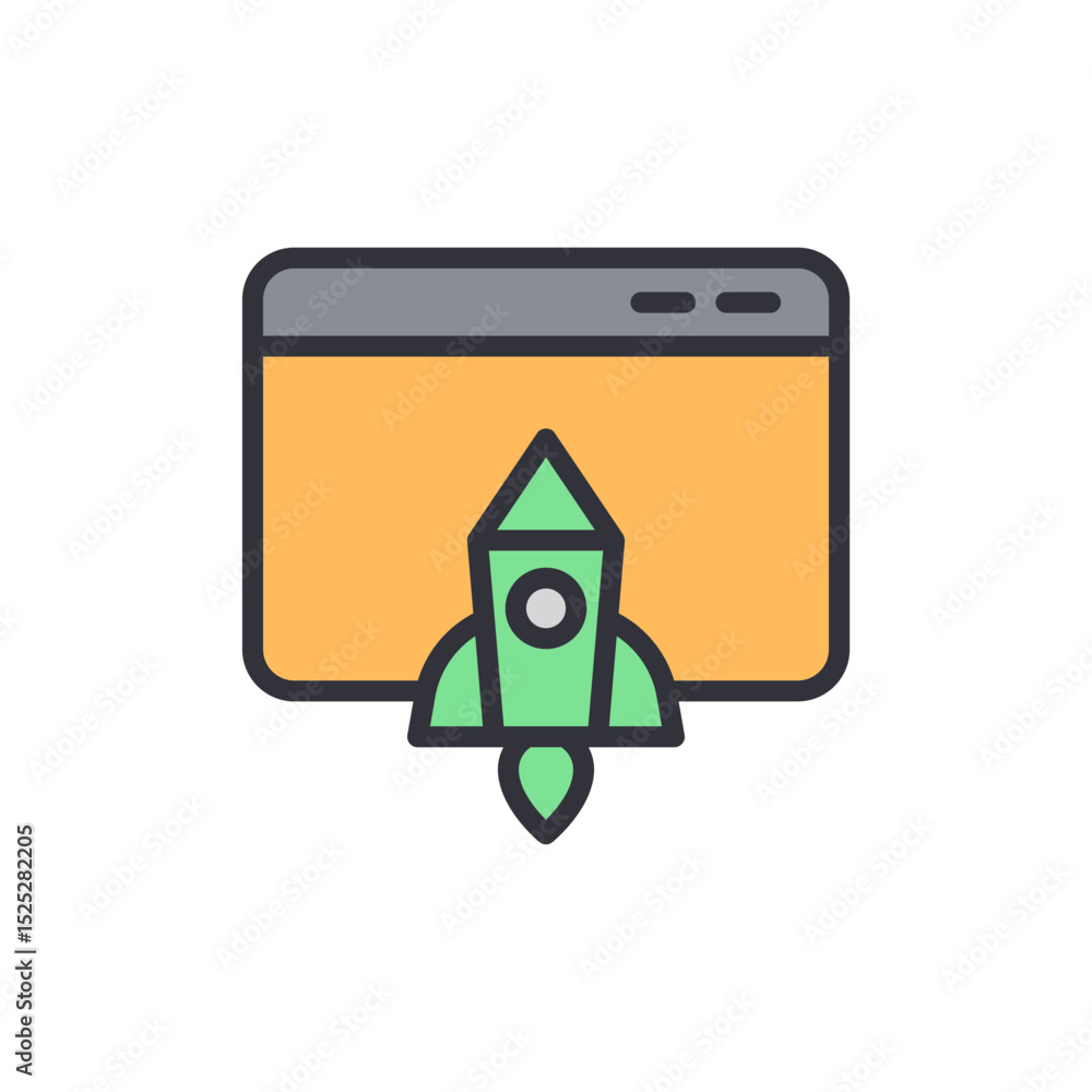 Poster website launch icon with rocket symbolizing project startup and success