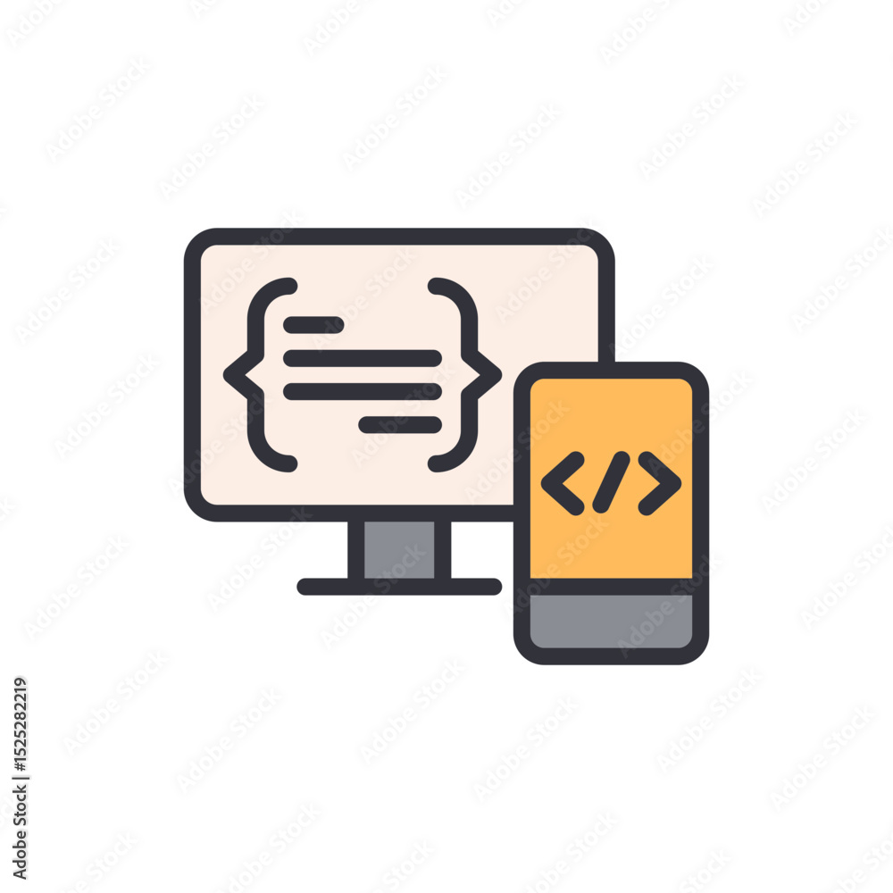 Poster abstract illustration of a computer screen and mobile phone coding