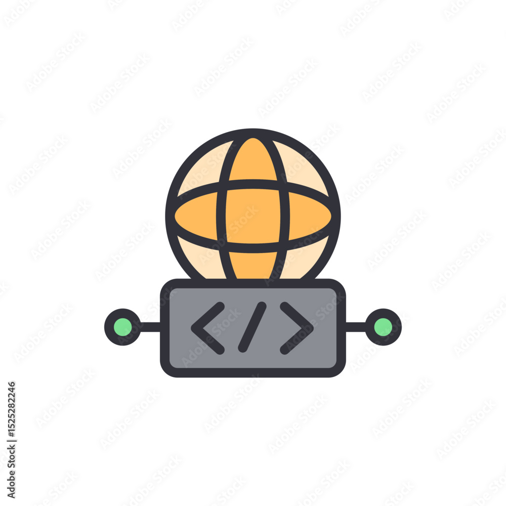 Poster stylized globe with code tags presenting modern web development