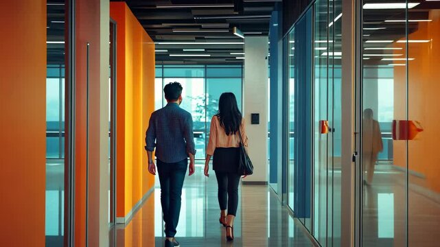 Two people walking down a brightly colored office hallway