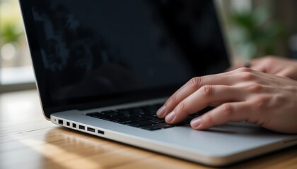 Typing Hands on Silver Laptop Keyboard in Office Setting