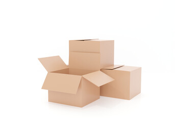 open cardboard box. 3d render of cardboard boxes in various positions, including open and closed, isolated on white background for packaging, shipping, and storage concepts.