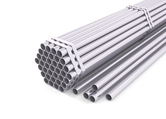 stack of steel pipes. 3d render of bundled stainless steel pipes with some loose tubes in front, arranged for industrial transport, storage, or construction use.