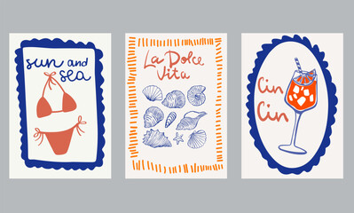 Set of hand drawn vintage posters in dolce vita style. Contemporary art vector illustrations. Vintage vector print. Print for t-shirt. Trendy minimalist posters