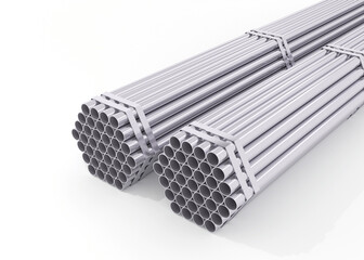 stack of steel pipes. 3d render of two bundles of stainless steel pipes stacked and secured with straps, isolated on white background for industrial and construction uses.