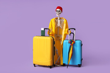 Human skeleton in raincoat with suitcases on lilac background. Travel concept