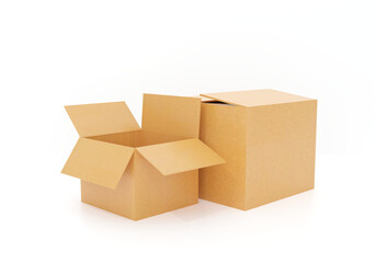3d render of two cardboard boxes, one fully open and one partially opened, isolated on white background, ideal for packaging, shipping, or storage visuals. cardboard box isolated on white.