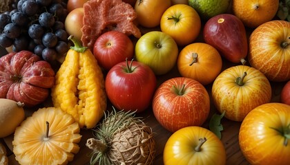 Vibrant Fruit Still Life with Apples, Grapes and Decorative Gourds