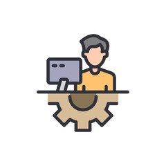 Man Working On Computer With Gear Wheel, Engineering Automation Concept