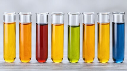 Row of test tubes filled with colored liquids on a light surface.