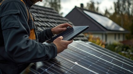 Solar panel assessment worker conducting evaluation with tablet device on residential rooftop installation maintenance inspection