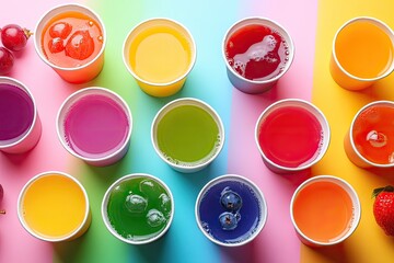 A selection of fruit juices served in colorful cups, including grape, cherry, and apple flavors