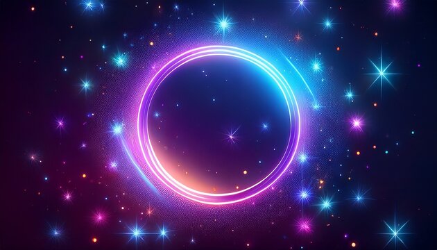 glowing neon circle with sparkling stars on a dark background
