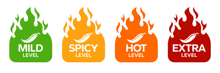 Fototapeta na wymiar Red Chili Peppers Fire Flames icon. Chili mild level, spicy level, hot level, extra level Label. Hot Spicy green, yellow, orange icons. Logo Spicy. Extra chilli badge. Hand drawn. Vector illustration.