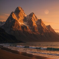 Fototapeta premium Majestic Mountain Sunset Coastal Peaks at Golden Hour
