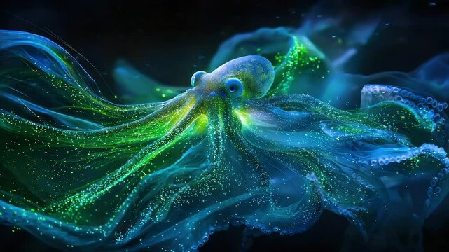 Glowing octopus in ethereal, swirling smoke