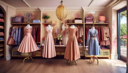 Naklejka premium vintage clothing boutique with unique dresses and quilted decor