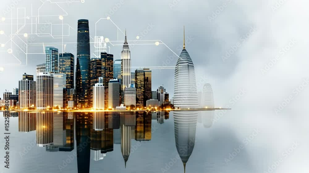 Poster view of houston's skyline featuring modern architecture with a technology overlay, creating a vibran