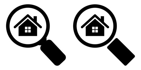 Search Real Estate Icon Set. Black Silhouettes of House Under Magnifying Glass for Property App or Website UI