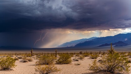 Obraz premium a rare desert thunderstorm over death valley with rain visibly falling in the distance and lightning illuminating the sky