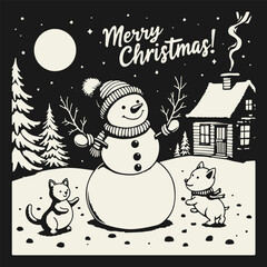Charming black and white flat vector illustration of a snowman in a hat and scarf against a winter landscape with snowy trees, a house, and the text "Merry Christmas!"