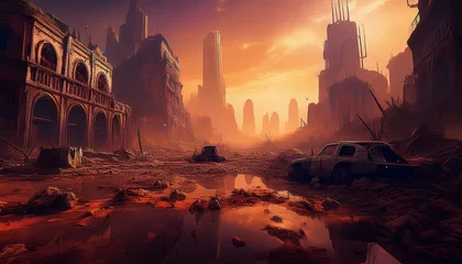 Fotobehang post apocalyptic landscape featuring ruined buildings and remnants of a once thriving city © Amy