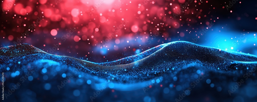 Aufkleber vibrant blue waves of particles glow under a red, bokeh-lit sky, creating a futuristic and dynamic a