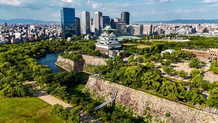 Fototapeta premium Aerial view of Osaka Castle before sunset, Japan