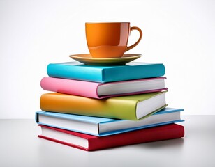 colorful books stacked with a coffee cup isolated on white background for education or reading concepts