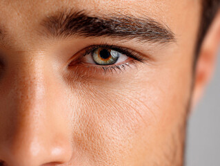 Closeup of a man's face with a sharp focus on his hazel green eye, textured skin, defined eyebrow and natural lighting emphasizing facial details