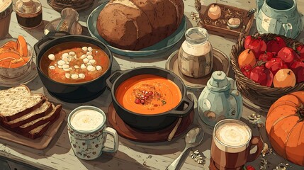 Homemade soup, bread, pumpkin spice lattes in a rustic setting