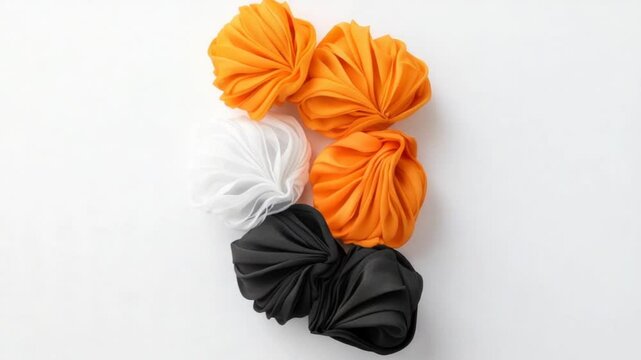Vibrant fabric scrunchies in orange, black, and white arranged artistically on a white background