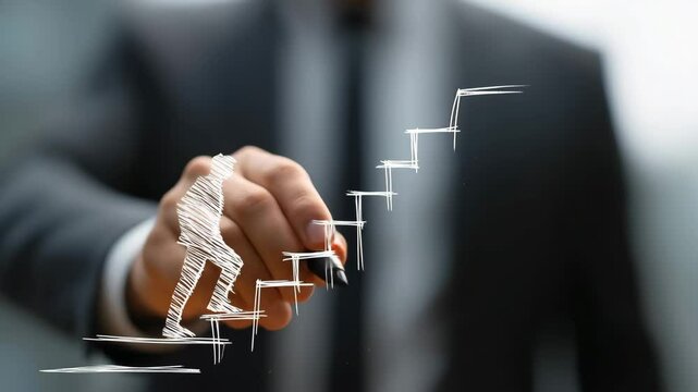 A person draws a staircase with a figure climbing upward, symbolizing progress, growth, and success.