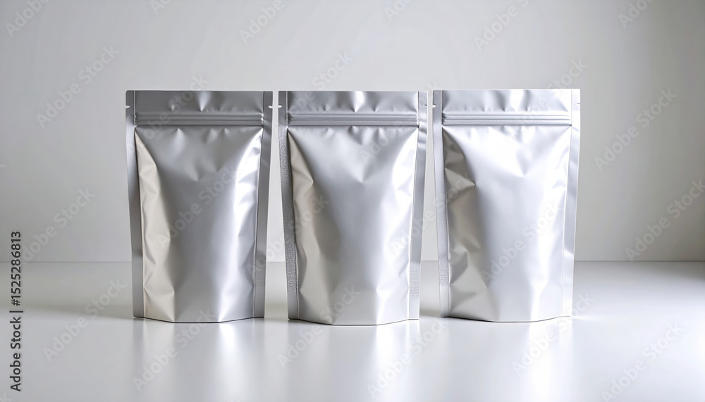 Poster sleek foil pouches arranged neatly on clean surface, illuminated by soft studio light, create modern