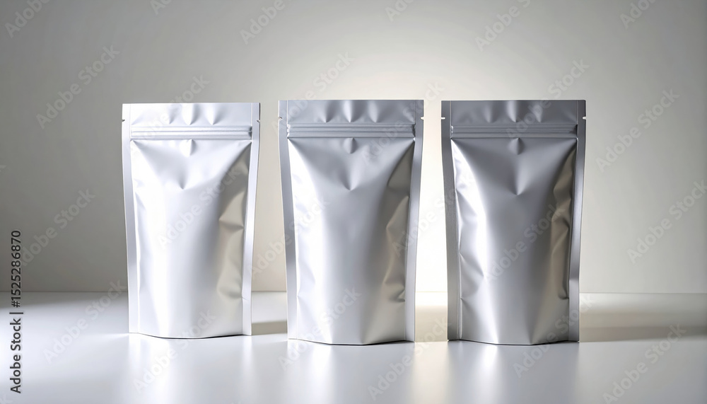 Poster sleek foil pouches arranged neatly, illuminated by soft studio light, create modern and minimalistic