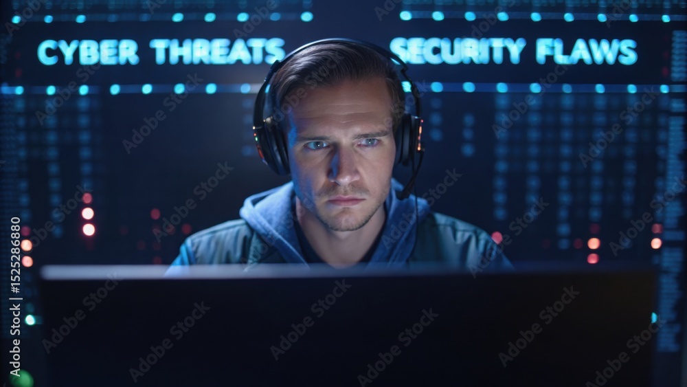 Poster a focused individual analyzes data on a computer screen, highlighting cyber threats and security fla