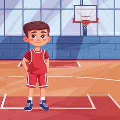 Obraz premium Young boy in a red basketball uniform stands in a gymnasium.