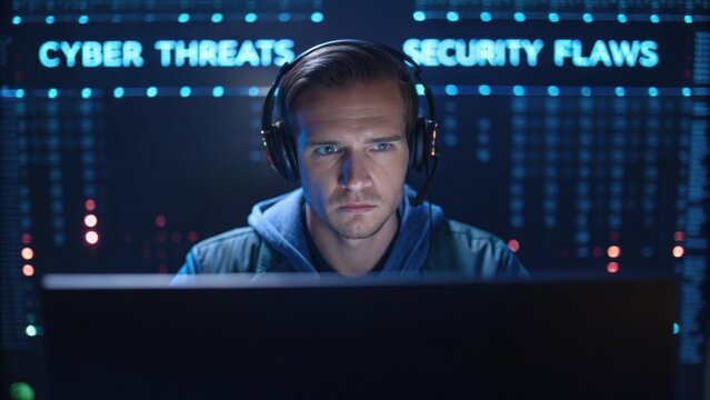 A focused individual analyzes data on a computer screen, highlighting cyber threats and security flaws in a high-tech environment.