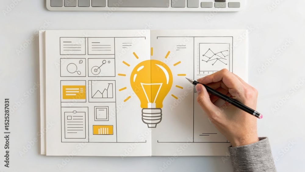 Poster creative workspace featuring a hand sketching ideas with a light bulb symbolizing innovation in a no