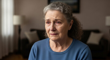 Depressed senior woman portrait. Lonely elderly lady feeling sad, heartbroken. Relationship difficulties. Grief, despair, anxiety. Mental health issues, emotional pain. Old age, solitude, tears.
